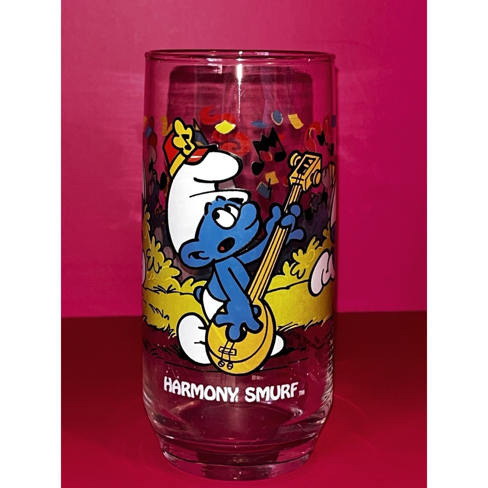 Vintage HARMONY Smurf Peyo‎ Wallace Berrie 1983 Smurfs Hardees Glass Cup Tumbler
